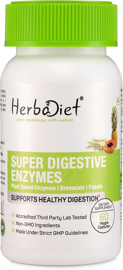Support Herbadiet Digetical Enzyme 124; Bromelain & Papain Extract 500mg Capsules 12.4; Protolytic Enzymes dengan Lipase Lactase Amylase (60 Capsules)