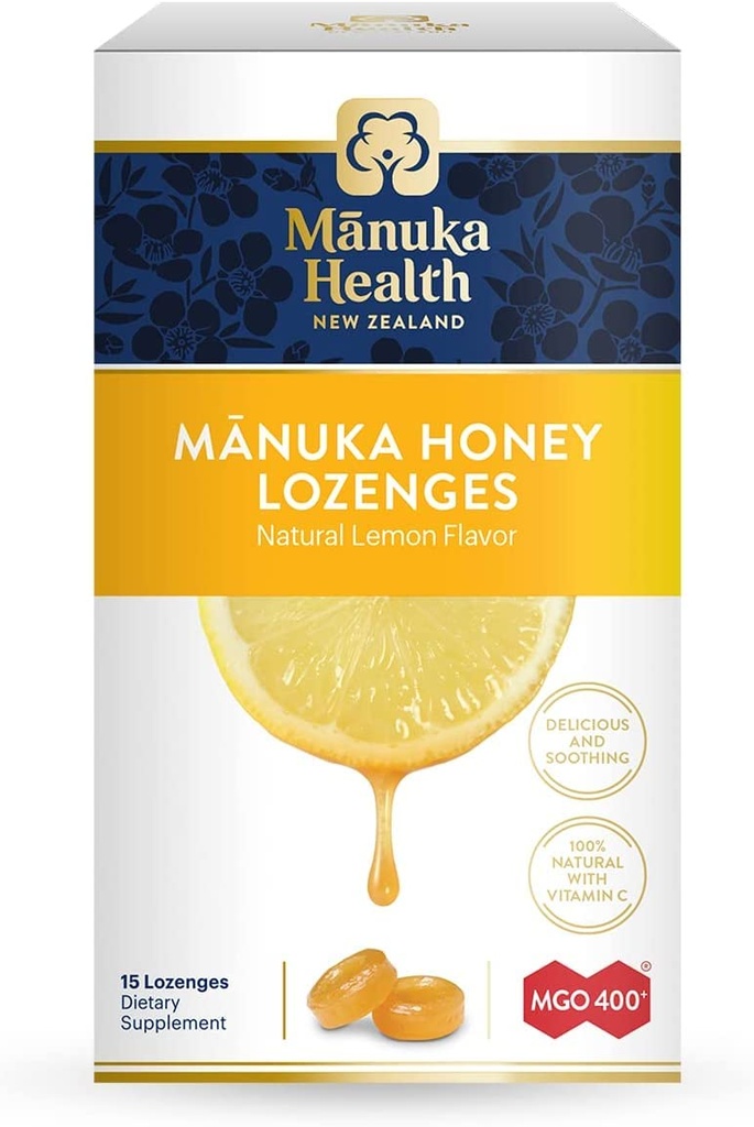 Manuka Manuka Kesehatan Madu Lozenges - 15 Lemon Flavored Lozenges - Natural Throat Lozenges Dimiliki dengan Raw Manuka Honey dan Vitamin C untuk Dukungan Imune