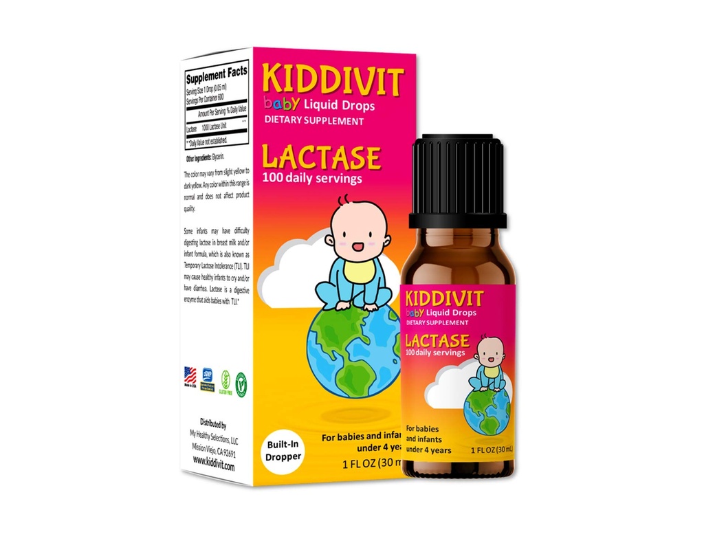 Kiddivit Baby Lactase Drops 1000 Unit - Gentle Digetical Suplemen Enzyme - 100 Daily Servings - Built-in Dropper, Glass Bottle - Gluten Free, Vegetarian, 1oz
