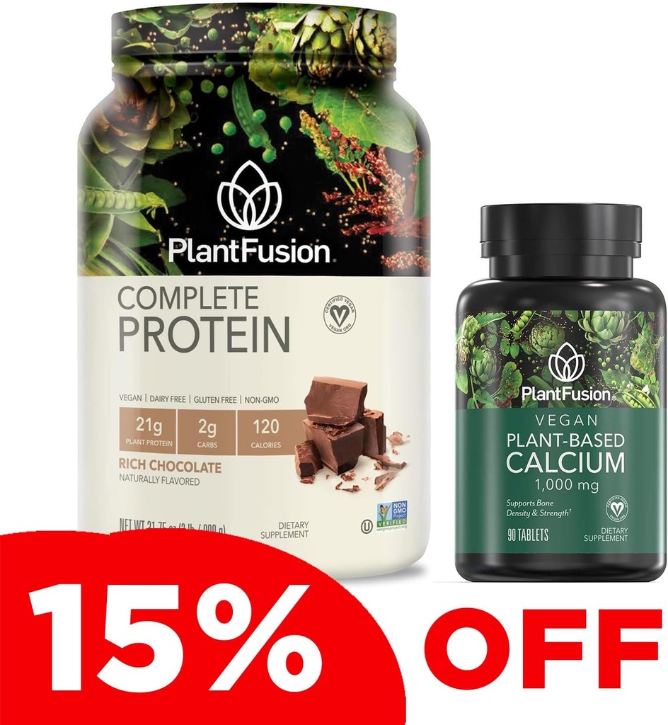 PlantFusion Complete Vegan Protein Powder & Kalsium Bundle - Plant Based Protein powder with BCAAs, Digetical Enzymes and Pea Protein