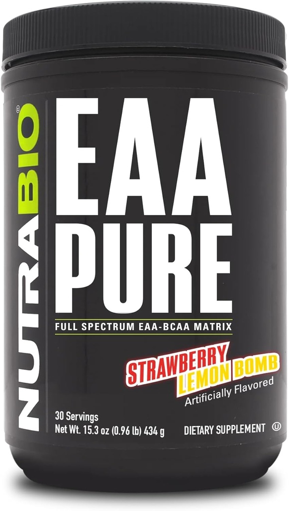 NutraBio - EAA Pure - 9 Amino Acids - Muscle Repair dan Pemulihan, 30 Pelayan, Bom Lemon Strawberry - Pre atau Post Workout