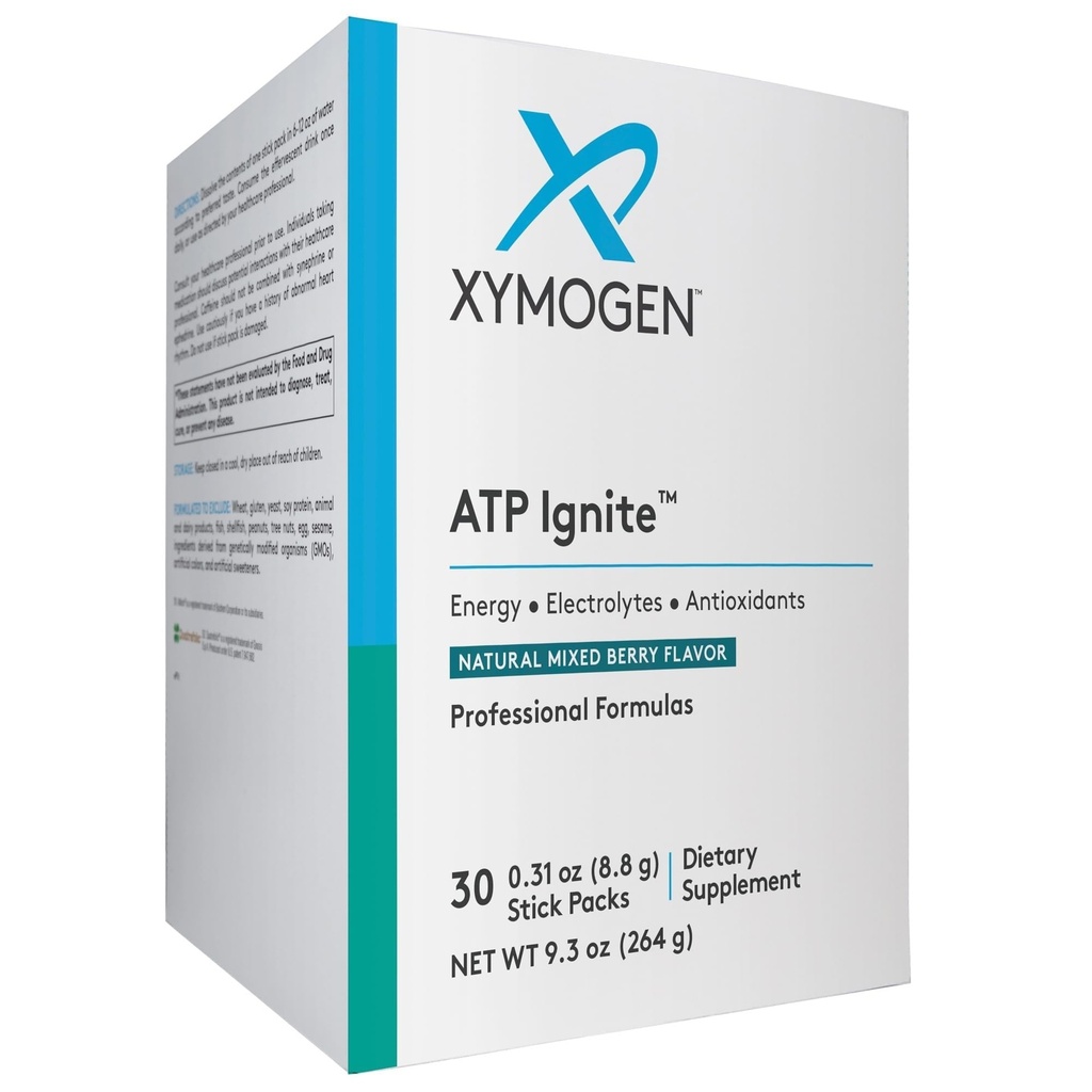XYMOGEN ATP Ignite Revitalizing Energy DN Powder - Supports Electrolite Replacement + ATP Biosintesis with Antioksidan, Aminos, Vitamins, Electrolite + 95mg Caffeine (30 Mixed Berry Stick Packs)