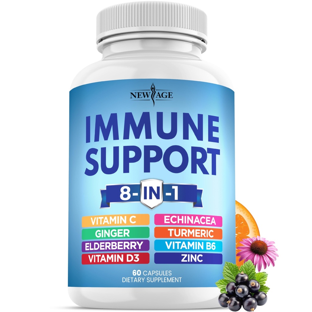8 dalam 1 Imune Dukung Booster Tambahan dengan Echinacea, Vitamin C dan Zinc 50mg, Vitamin D 5000 IU, Turmeric Curcumin & Ginger, B6, Elderberry 60 Count (Paket 1)