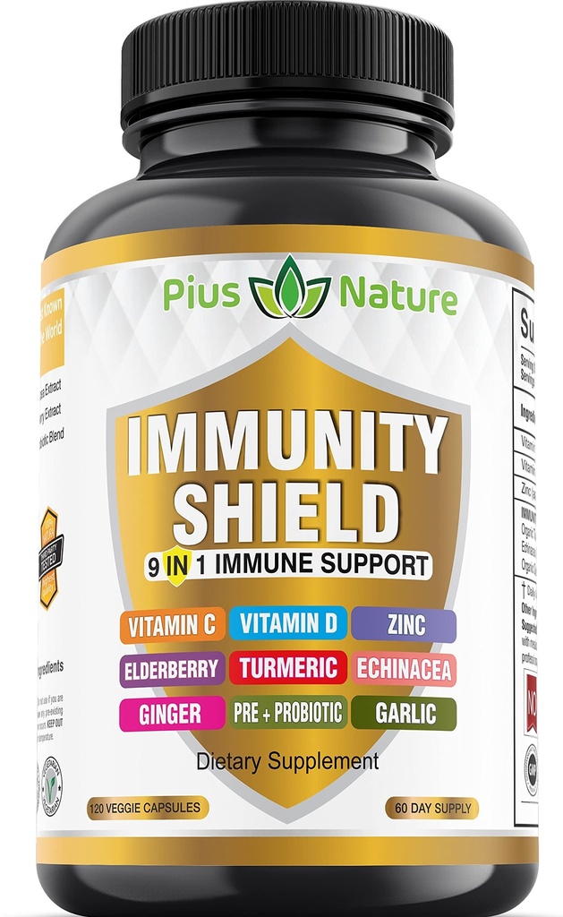 9-in- 1 Ammune Dukungan Vitamin C (1000mg), Vitamin D3 (5000 IU), Zinc (22mg) dengan Elderberry, Turmeric, Echinacea, Ginger, Garlic + Protic per Serving (120 caps per Botol)