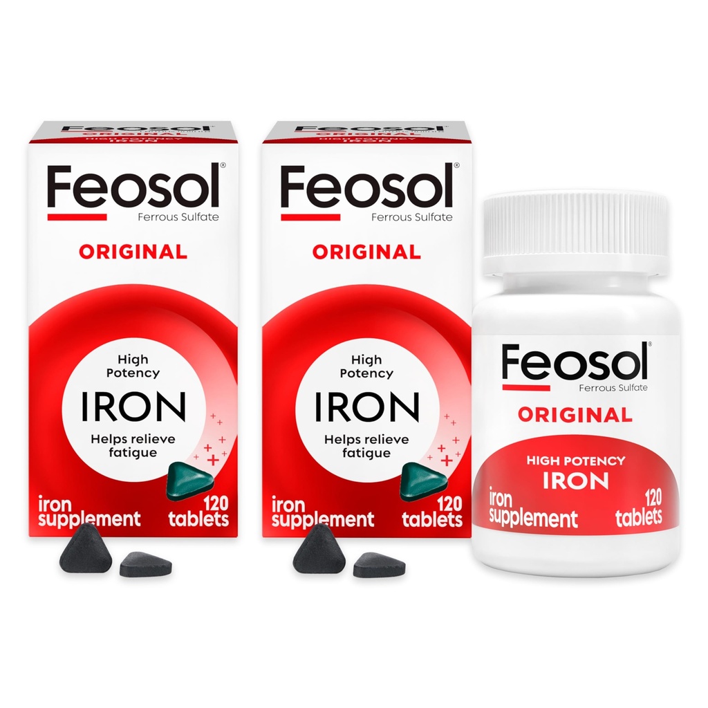 Feosol Tablets Tambahan Besi Asli, Non- heme 325mg Ferrous Sulfate (65mg Elemental Iron) per pil, 1 Per Day, 4 Pasokan Bulan, untuk Dukungan Sistem Energi dan Imune (120 ct Pack of 2)