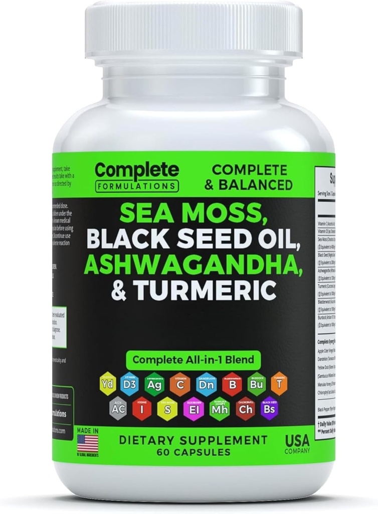 "Sea Moss Suppplement Blend with Black Seed Oil Ashwagandha Turmeric Bladdercrack, Burdock & Vitamin C & D3" dengan Elderberry Manuka Dandelion Dock Iodin Kuning