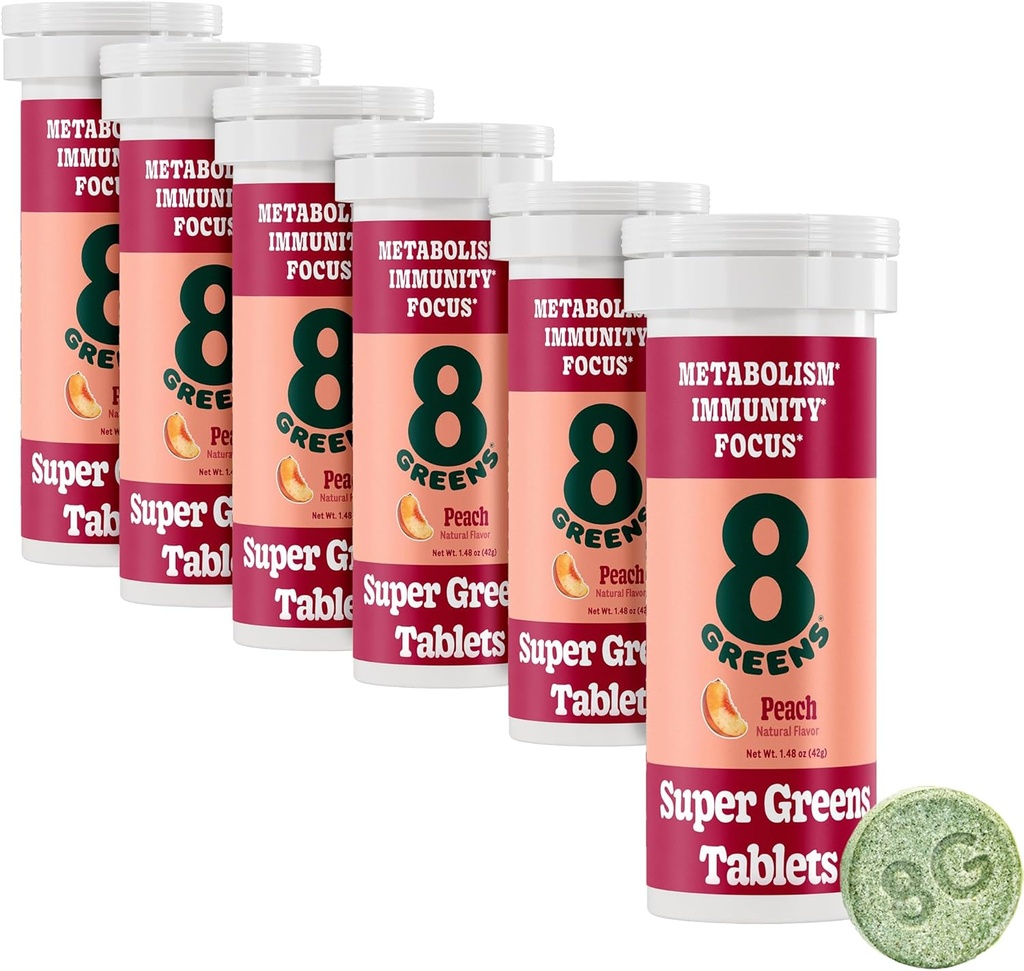 Super Greens Powder Superfood, Metabolisme Immunity & Focus, Daily Greens Effervescent Tablet, Organic: Aloe Vera, Spirulina, Chlorella, Peach, Underground 60 Servings.