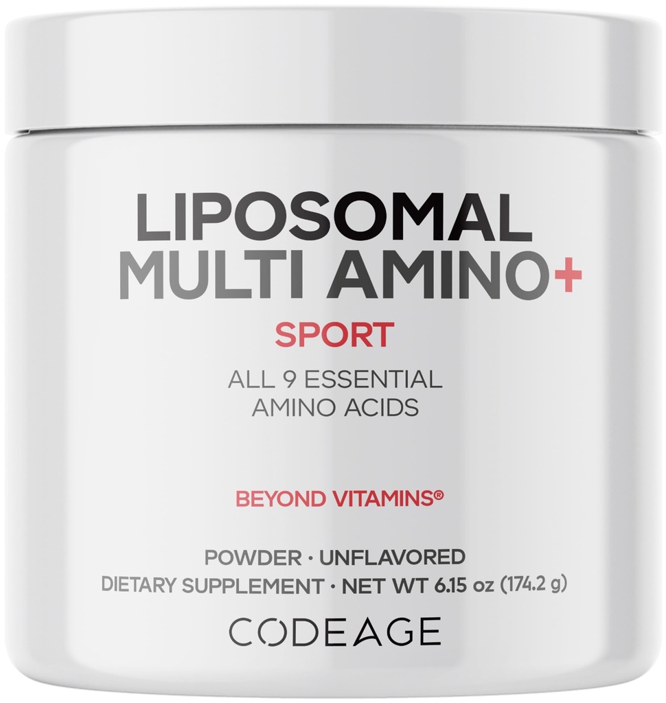 Codeage Lipomal Amino Powder Suplement - BCAA & EAA Suplement All 9 Estile Amino Acids, Branin Amino Acid, Pra & Post Workout, Unflagranted, Lipomal Delipodal, Non-GMO, 6.15 oz