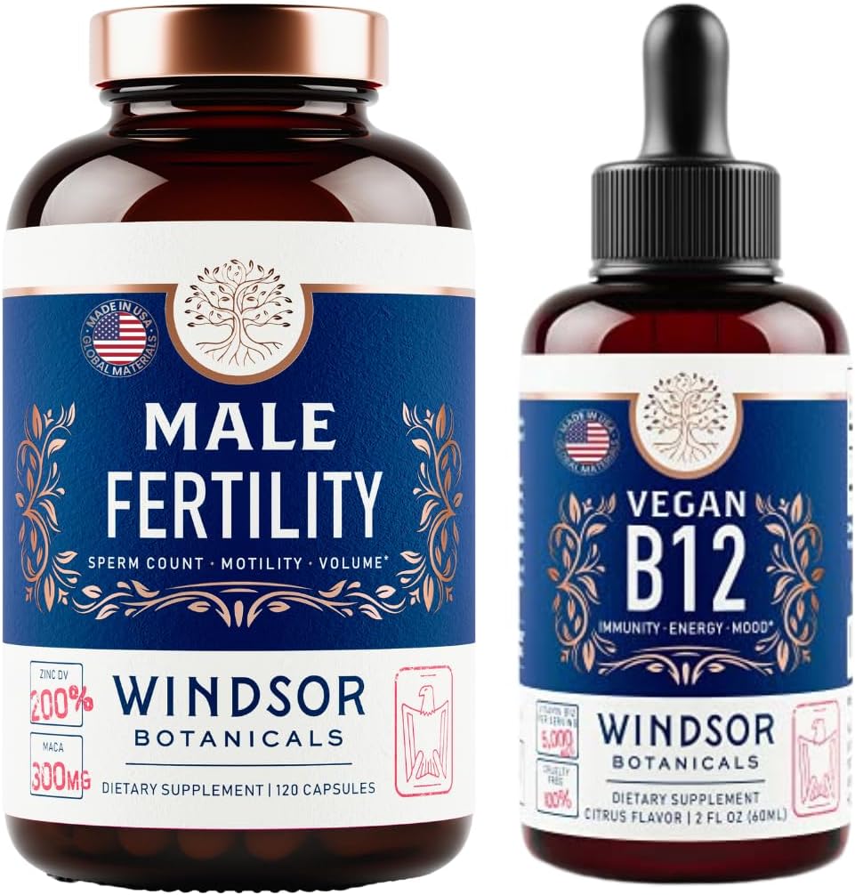 WINDSOR BOTANICALS Vegan Vitamin B12 dan Suplemen Pria dengan Root Maca - Energi dan Bundle Fertilitas