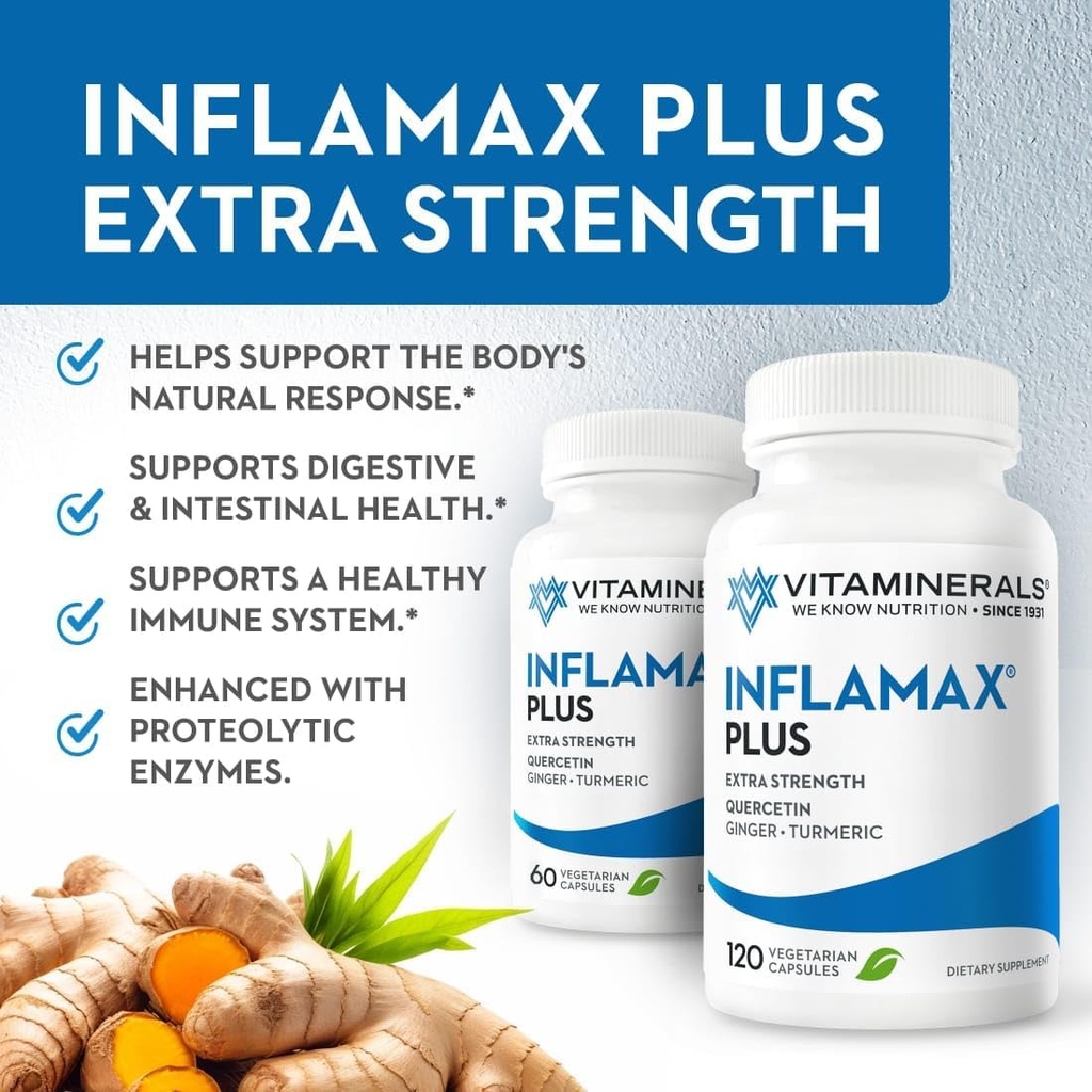 Vitamin = 121 + Inflamax ® Plus 142; Quercetin 126; Protolytic Enzymes 124; Ginger 124; Turmeric 124; Vevgie caps