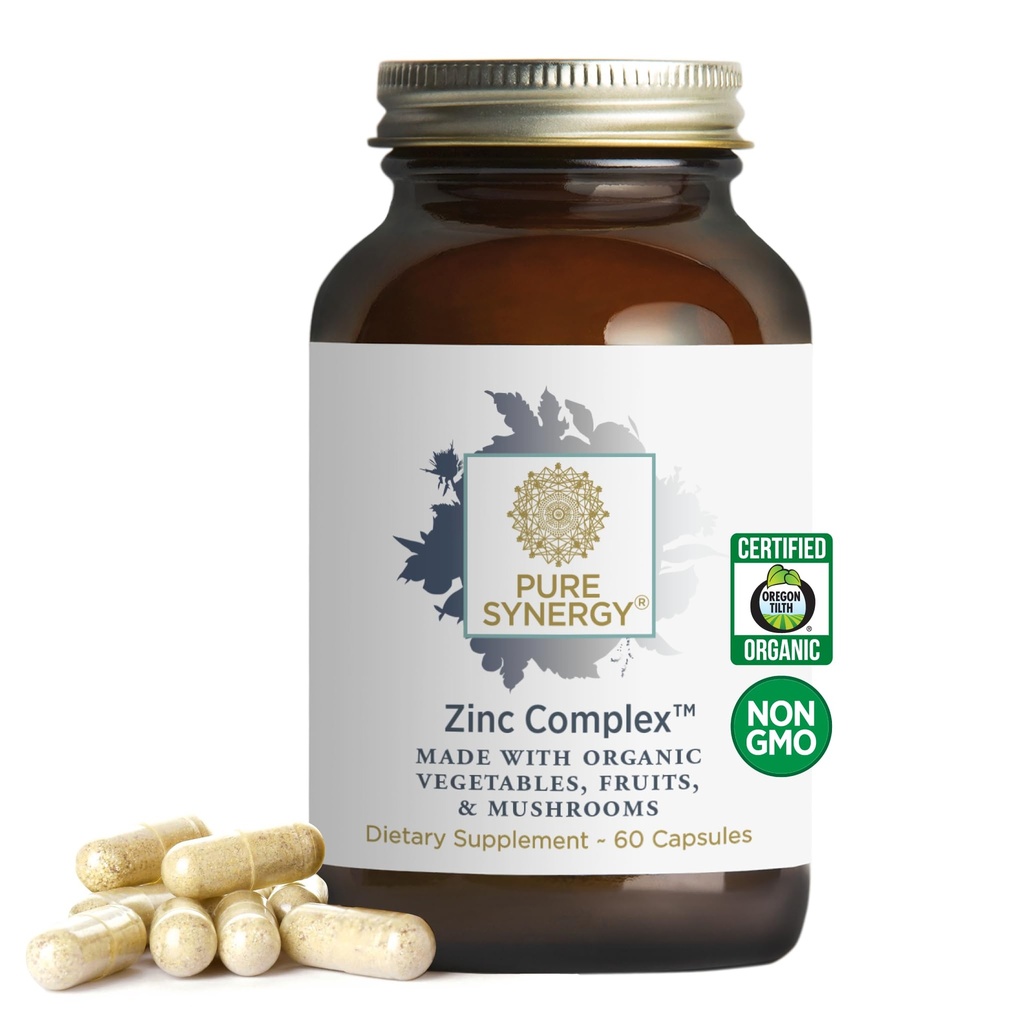 PURE SYNERGY Zinc Complex 124; Imune Supplement Support 124; Natural, Vegan Zinc Complex dengan Vitamin C dan Organic Whole Foods 124; untuk Imune, Brain, dan Skin Health (60 Kapsul)