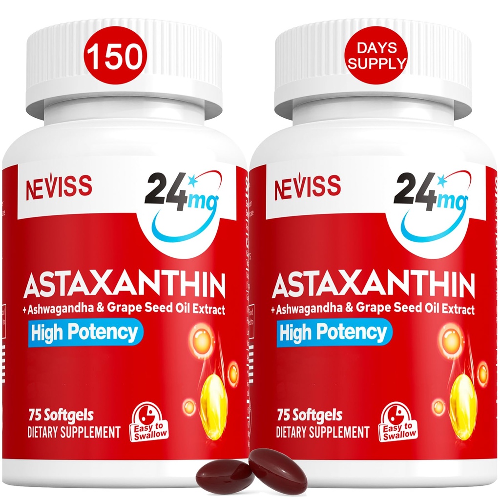 Suplemen Astaxanthin 24mg, Supply 5 Bulan - Coconut MCT Minyak, sumber Microalgae segar w / Grape Seed Oil, Ashwagandha - Antioksidants untuk Skin sehat, Mata, Penuaan - Non-GMO & Gluten Bebas, 150 Softgels