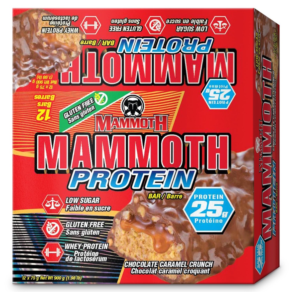 MAMMOTH Protein Bar, Chocolate Peanut Butter Crunch, 25g Protein, Low Sugar, Gluten Free, 12 x 65g (12 g) (Chocolate Peanut Butter Crunch) (12 Count, Chocolate Caramel Crunch)