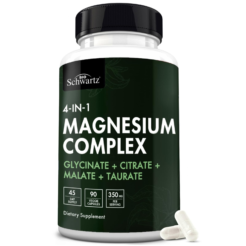 Tambahan Kompleks BioSchwartz Magnesium (90 Kapsul) 350mg Magnesium Glycinate Citrate Malate dan Tadrate Per Serving for Healthy Nerves Heart Support (Vegan, Gluten- Free, Non-GMO)