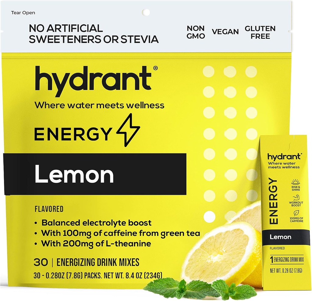 PHIDRANT Energy Lemon Flavor 30 Stick Pack, Caffeine & L-Theanine Rapid Hydration Mix, Electrolite Hydration Powder Packet dengan Zinc