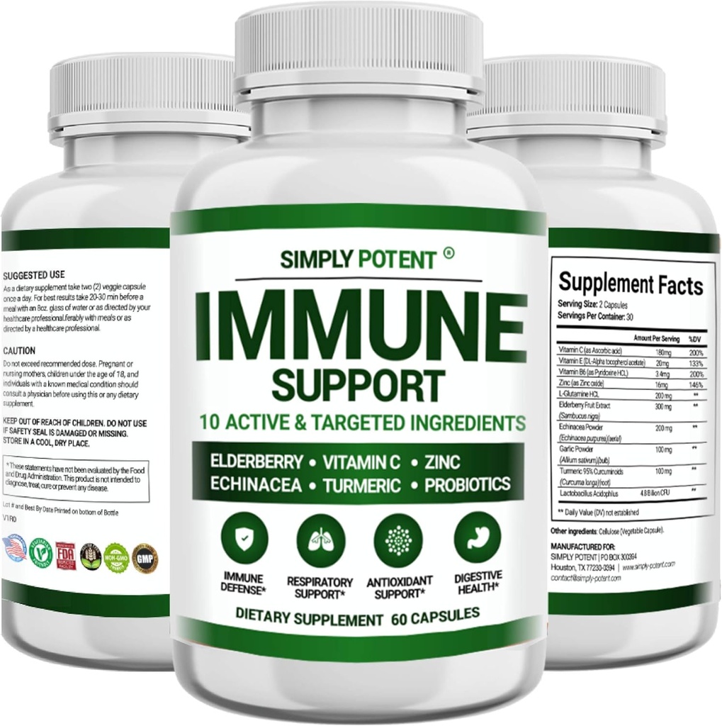 Suplemen Dukungan Imune, 10 dari 1 Imunity Booster Blend of Elderberry, Vitamin C, Zinc, Echinacea, Turmeric, Progories & Antioksidants for Immune Defense, Respiratory & Digetical Health, 60 Pil