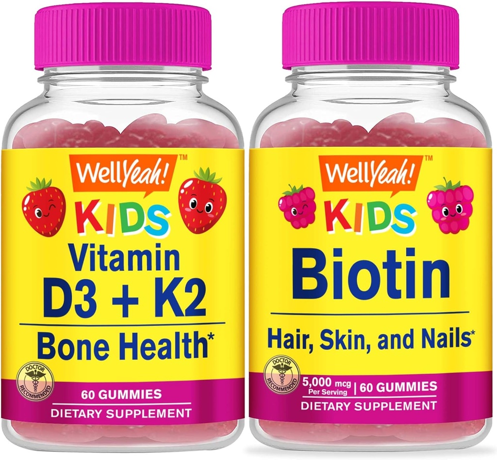 Welly Yeah Vitamin D3 + K2 Kids + Biotin Kids, Gummies Bundle - Great Tasting, Vitamin Suplemen, Gluten Free, GMO Bebas, Gummy Chewable
