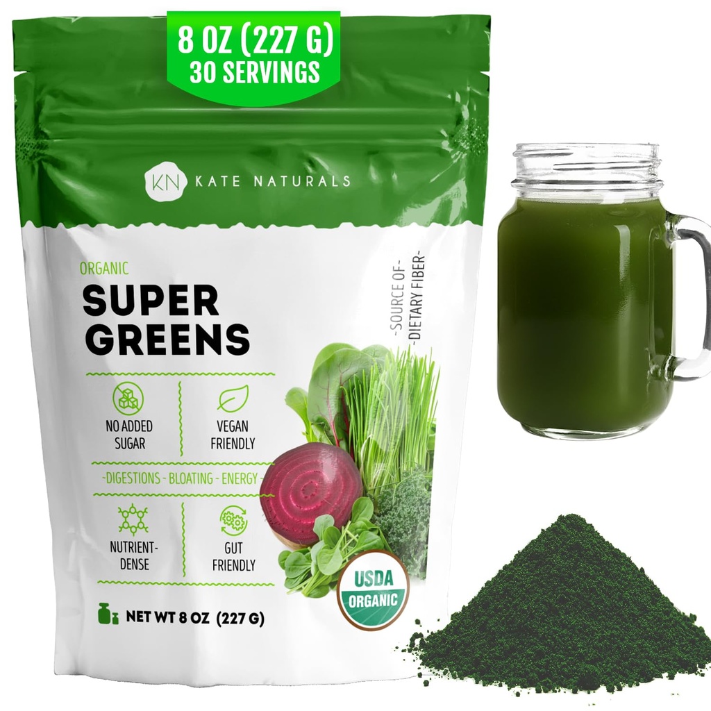 Kate Amoranic Super Hijau Powder. Daily Greens Superfood Blend with Propoles & Fiber for Smoothies and Juice (30 Servings, 8oz, Natural)