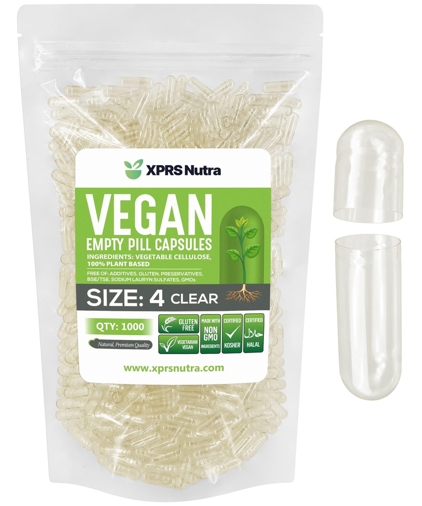 XPRS Nutra Ukuran 4 Kapsul Kosong - 1000 Menghitung Kecil Kosong Vegan Kapsul - Bibir Vegetarian - DIY Kasule Filling - Fible Do- It- Yourself Veggie Caps for Suplemen