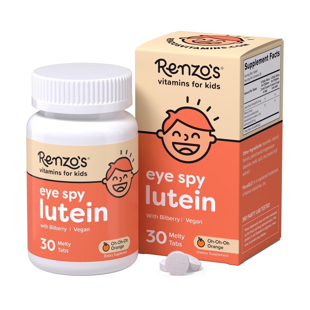 Mata-mata Renzo Lutein dengan Bilberry Extract, Vitamin Dissolable untuk Kesehatan Mata, Sugar- SugarFree Surange, 30 Orange-Flavored Melty Tab