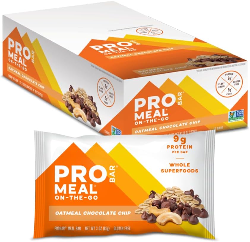 ProBAR-Meal Bar, Oatmeal Chocolate Chip, Non- GMO, Gluten- Free, Heally, Plant - Based, Whole-Food Ingredices, Natural Energy (12 Count)