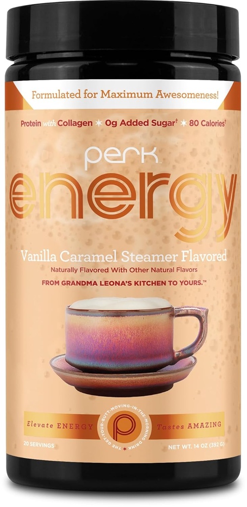 Perk Energy Original Vanilla Caramel Steamer Flavored Minuman Powder (20 Hamba) - Gluten- Bebas, Kacang - Bebas