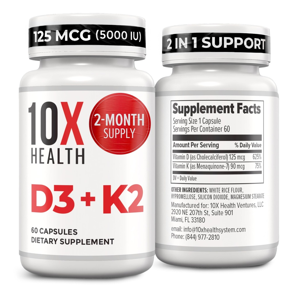 10X Health Vitamin D3 5000 IU & K2 MK7 - Menaquinone 7, YOR- Potency D3 K2 Vitamin Suplemen Bone Health, Heart and Teeth - 125 mcg Vitamin D & 90 mcg Vitamin K260 Capsules