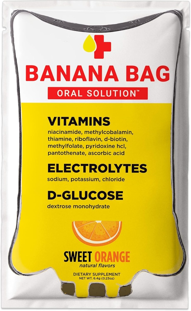 Banana Bag Oral Solution Recovery Packets - Sweet Orange 5pk 124; A Refreshing Blend of Electrolytes, Vitamin C, and B- Complex for Hidration and Energy. Nyaman, Easy- to-Mix, dan Sempurna untuk gaya hidup apapun.