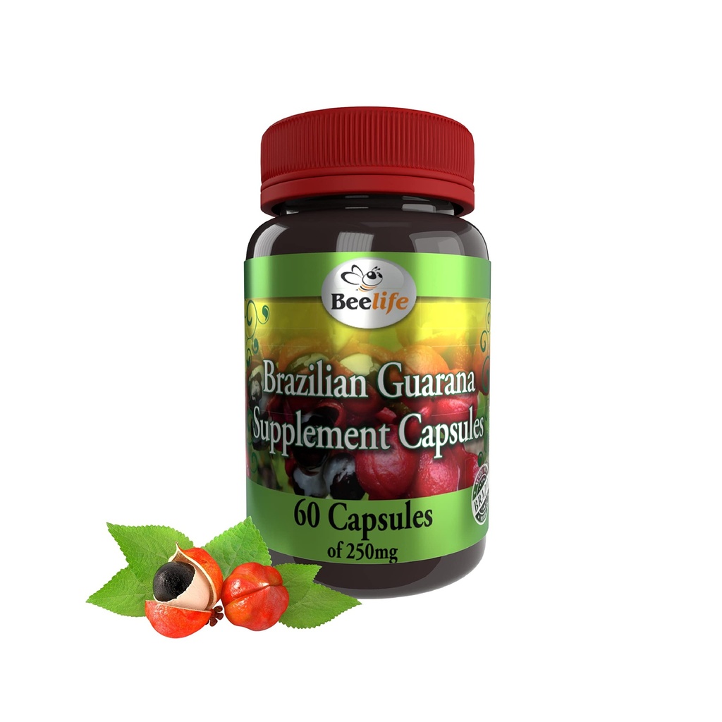 Beelife Guarana Kapsul Brazil - Suplemen Kafein Natural dari Brazil - Energi & Mintal Fokus, Dukungan Kekuatan Otot - Zero Gluten, Tidak Gula Pre Workout untuk Pria & Perempuan - 250mg 60 Caps
