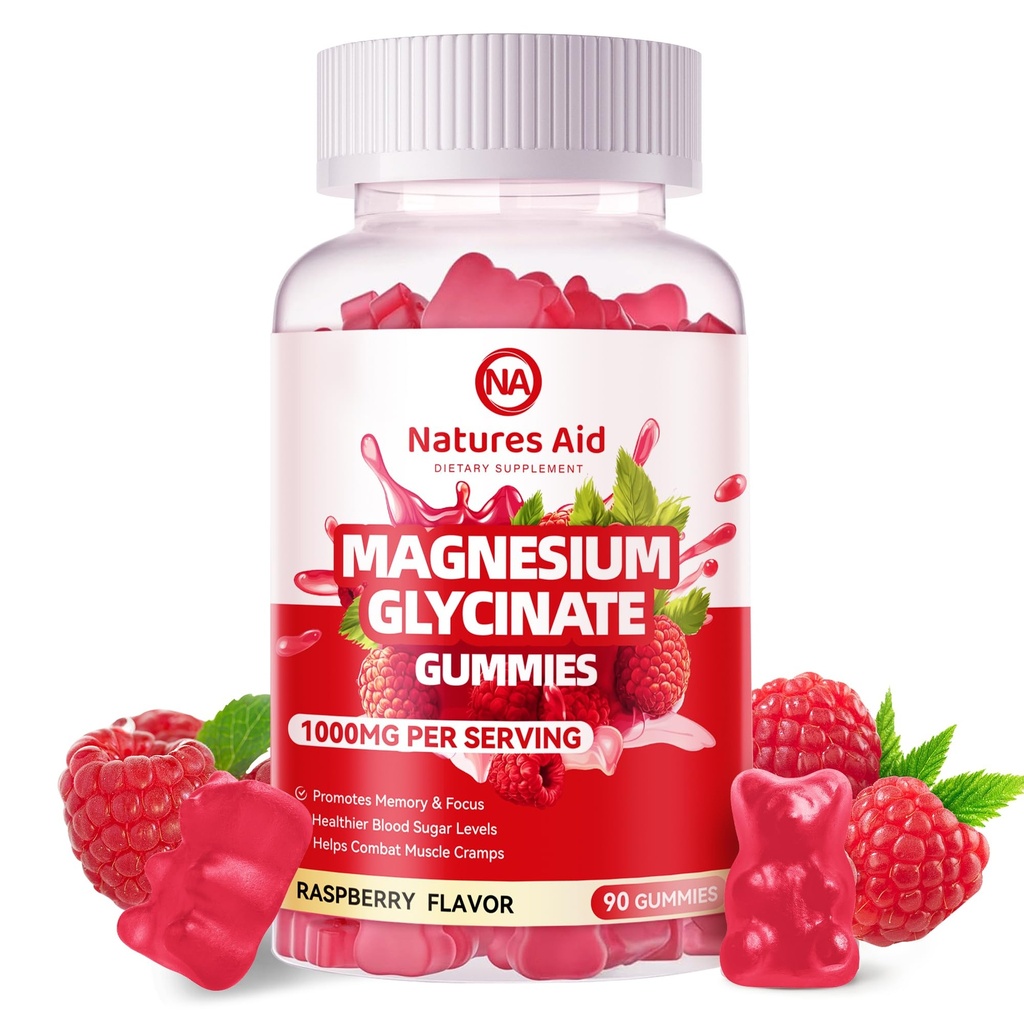 Magnesium Glycinate Gummies 1000mg - Sugar Free Magnesium Potasium Suplemen dengan Vitamin D, B6, CoQ10 untuk Calm Mood & Support - 90 Raspberry Gummies.