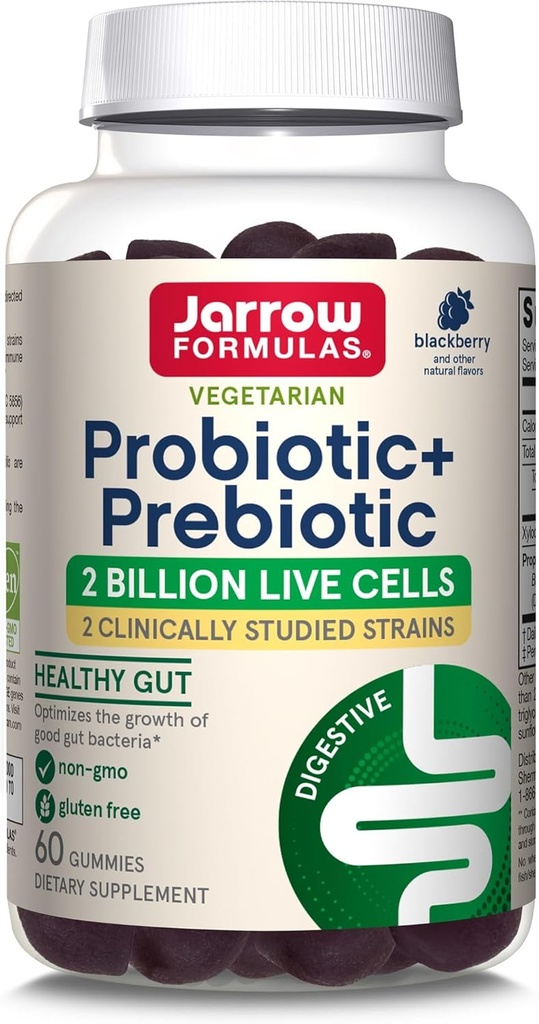 Jarrow Formulas Probiotic + Prebiotic Dieter Suplemen, Kesehatan Digetical, Gut Flora + Ammune Kesehatan - 2 Milyar CFU - 2 Clinically Studied Strains - 60 Gummies - Blackberry Flavor