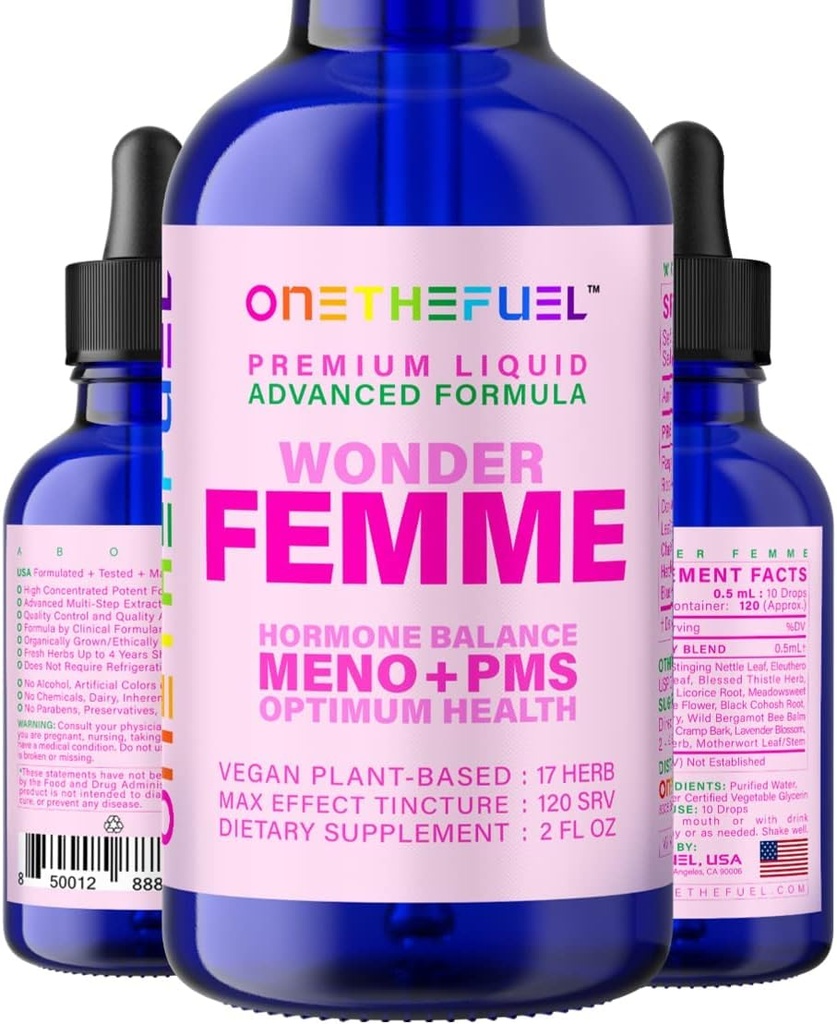 Wonder Femme Plant - Based Hormone Balance Menopause Hot Flashes Relief Mendukung 100% Natural 17 Herbal Women Estrogen Health Suplemen Dong Quai Vitex + Fast Absorb Tincture 2 oz. Cairan