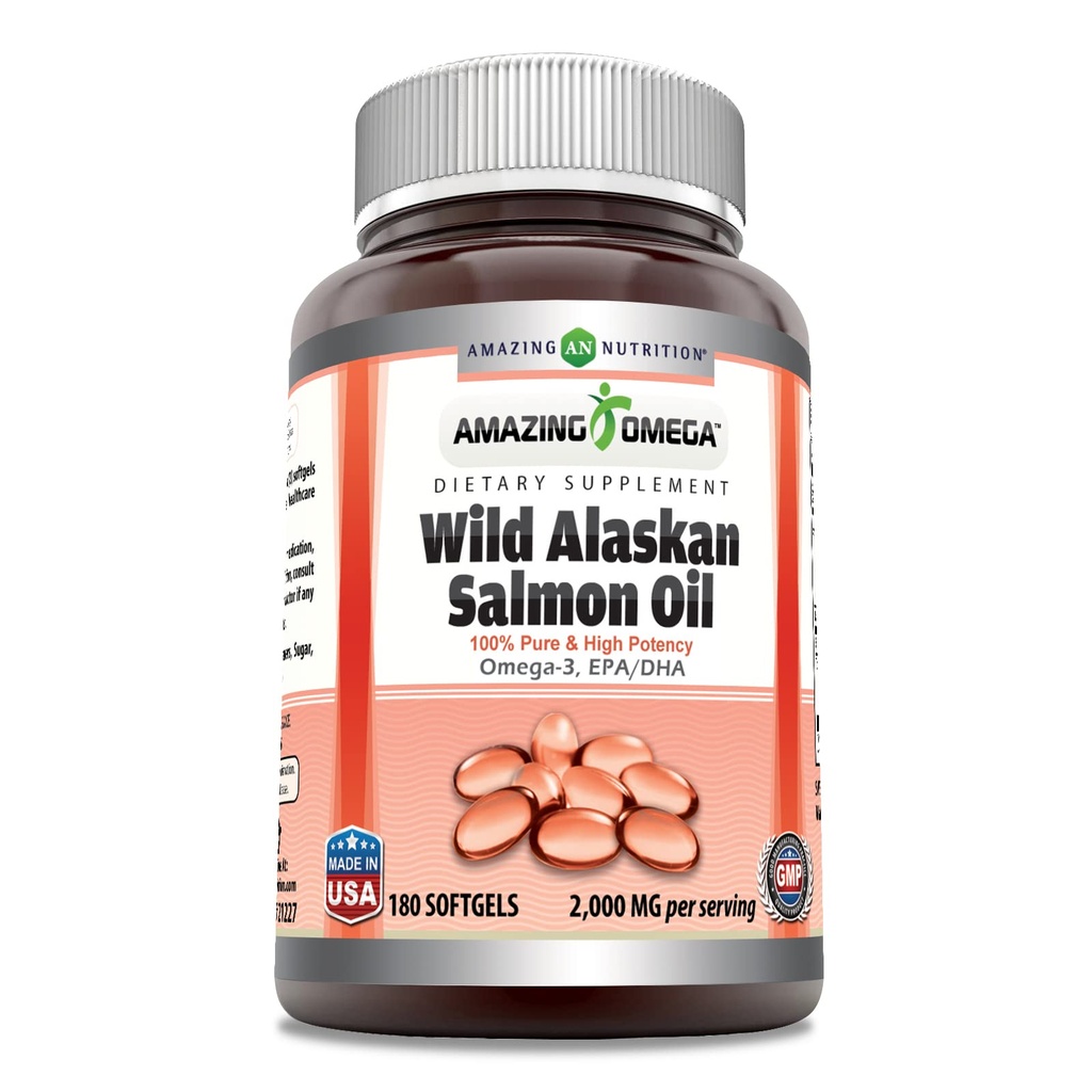 Amazing Omega Wild Alaska Salmon Oil Suplemen Dua belas; 2000 Mg per Serving 124; 180 Softgels 124; Non-GMO 124; Gluten- Free Alag4; Made in USA