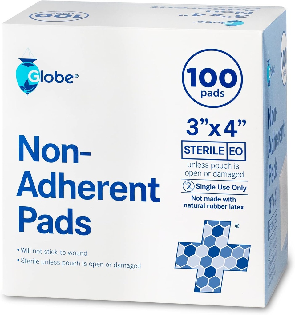 Globe Advanced Sterile Non-Adherent Pads 124- Pack, 3 "x 4" 14; Non-Adhesive Wound Dressing 124; Almost Absorbend & Non-Stick, Painless Removal- Switch 124; Individually Wrapped for Extra Protection (3 x 4)
