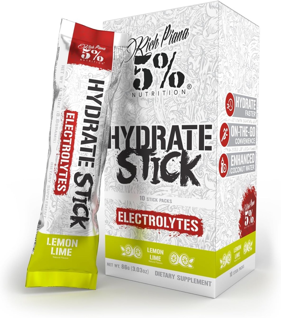 5% Nuclection Hydrate Stick Hydration Packers 124; Sport Electrolyte Powder Mix Packet with Coconut Water (Lemon Lime) (10 Count)