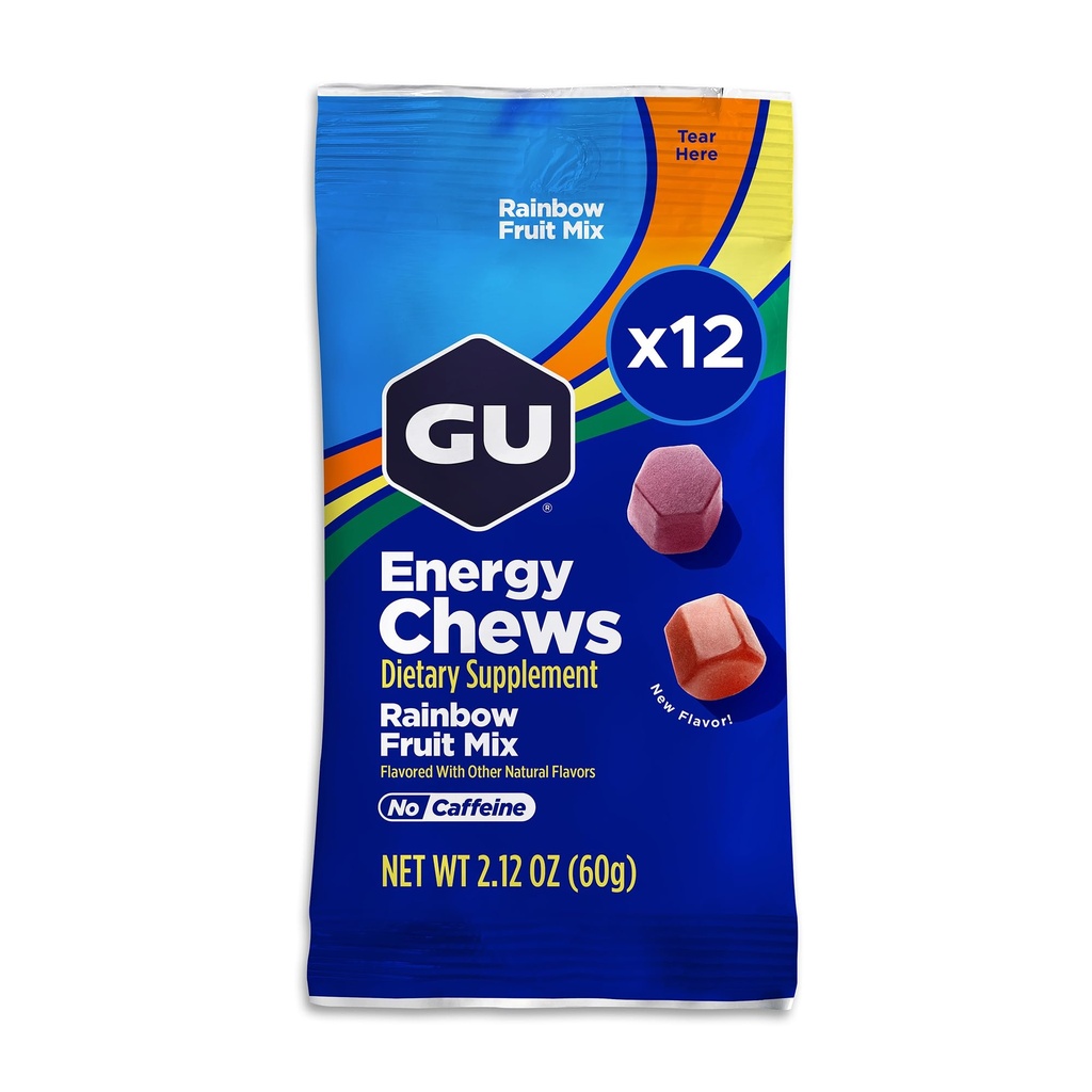 Chews Energi GU, Gummies Mix Pelangi dengan Electrolytes, Dairy- Free, OnTheGo Energy untuk Setiap Kerja, 12 Bags (24 Hamba Total)
