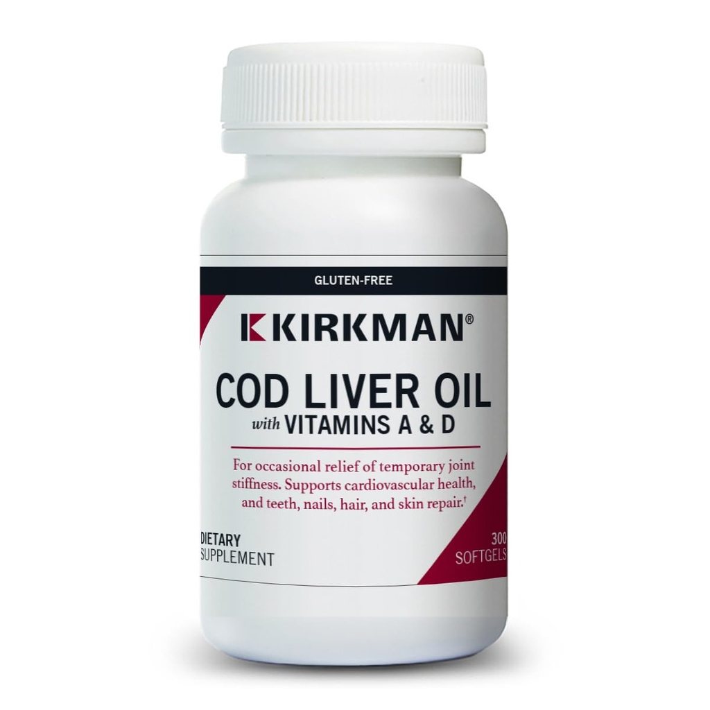 Kirkman - Cod Liver Oil dengan Vitamin A & D - 300 Softgeels - Essious Acids - Mendukung Kesehatan Pendiri - Hipoalergenik