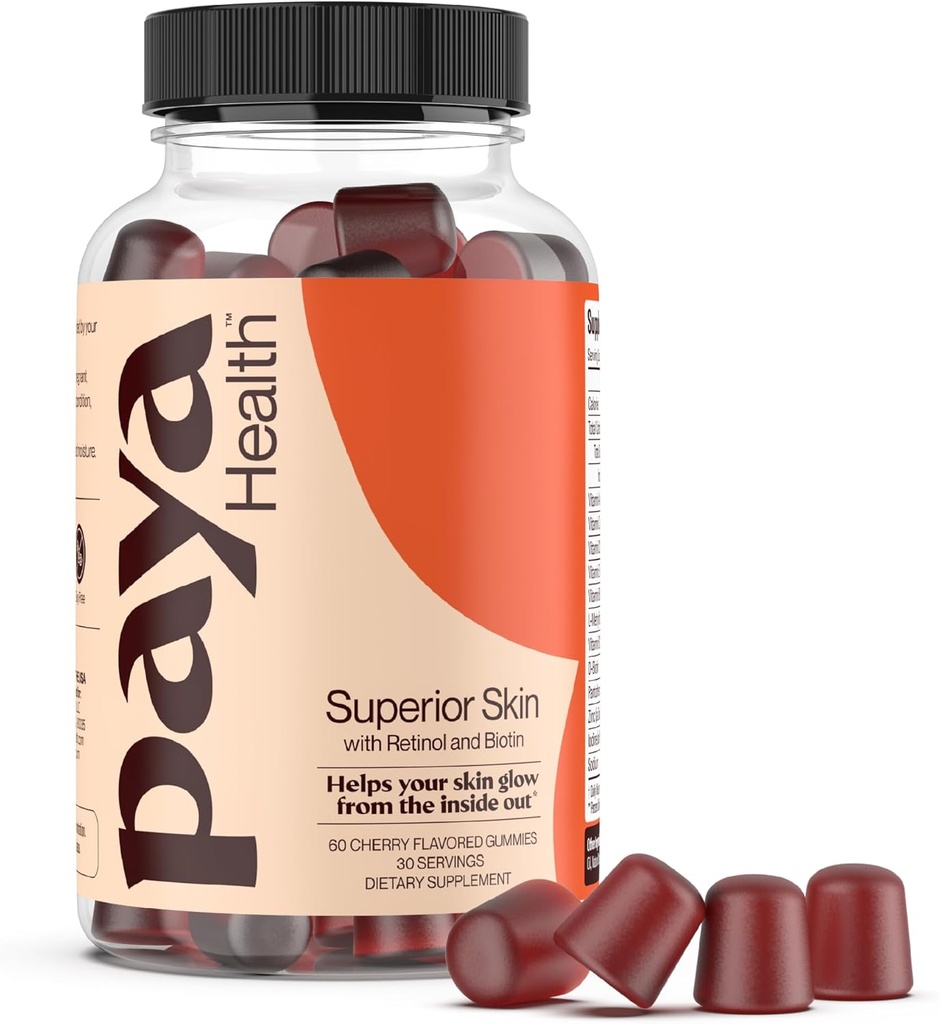 Skin Retinol dan Biotin Gummies untuk Clear, Smooth Skin, Healthy Hair & Nails 124; Tambahan dengan Zinc, Vitamin A, E dan C 124; Nor-GMO, Gluten- Free, Cherry Flavor, 60 Count