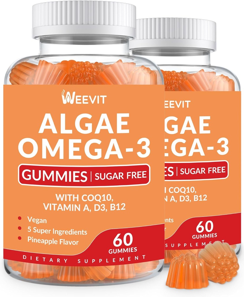 Vegan Omega 3 Gummies, Algae Omega-3 Tambahan DHA 240mg, EPA 110mg w / Vitamin B12, CoQ10, Alternatif Minyak Ikan untuk Dewasa - Otak, Tulang, Mata & Imunitas Dukungan