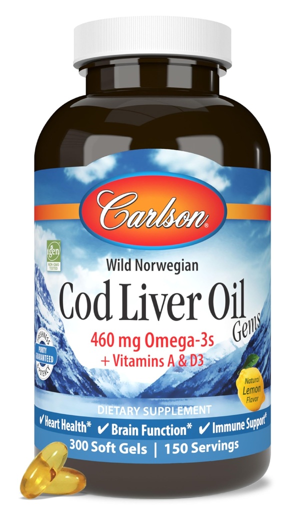 Carlson - Cod Liver Oil, 460 mg Omega-3s + Vitamin A & D3, Wild- Caught Norwegia Arktik Cod- Liver Oil, Supernended Nordic Minyak Capsules, Lemon, 300 Softgeels