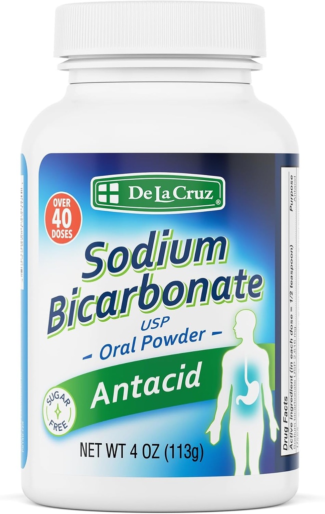 De La Cruz Pure Sodium Bicarbonate - USP Grade Bicarbonate of Soda - 100% Pure Baking Soda - Aluminum Free Antax Powder untuk Heartburn & Indistriatles - Packed in USA, 4 OZ.