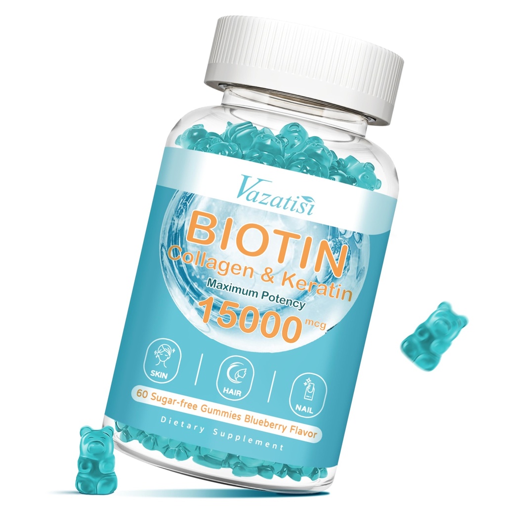 Biotin and Collagen Gummies with B12, Hair Skin and Nails Vitamin Cummies for Hair Growth, Glowing Skin & Strong Nails - Blueberry Flavor, Sugar Free, 60 Ct