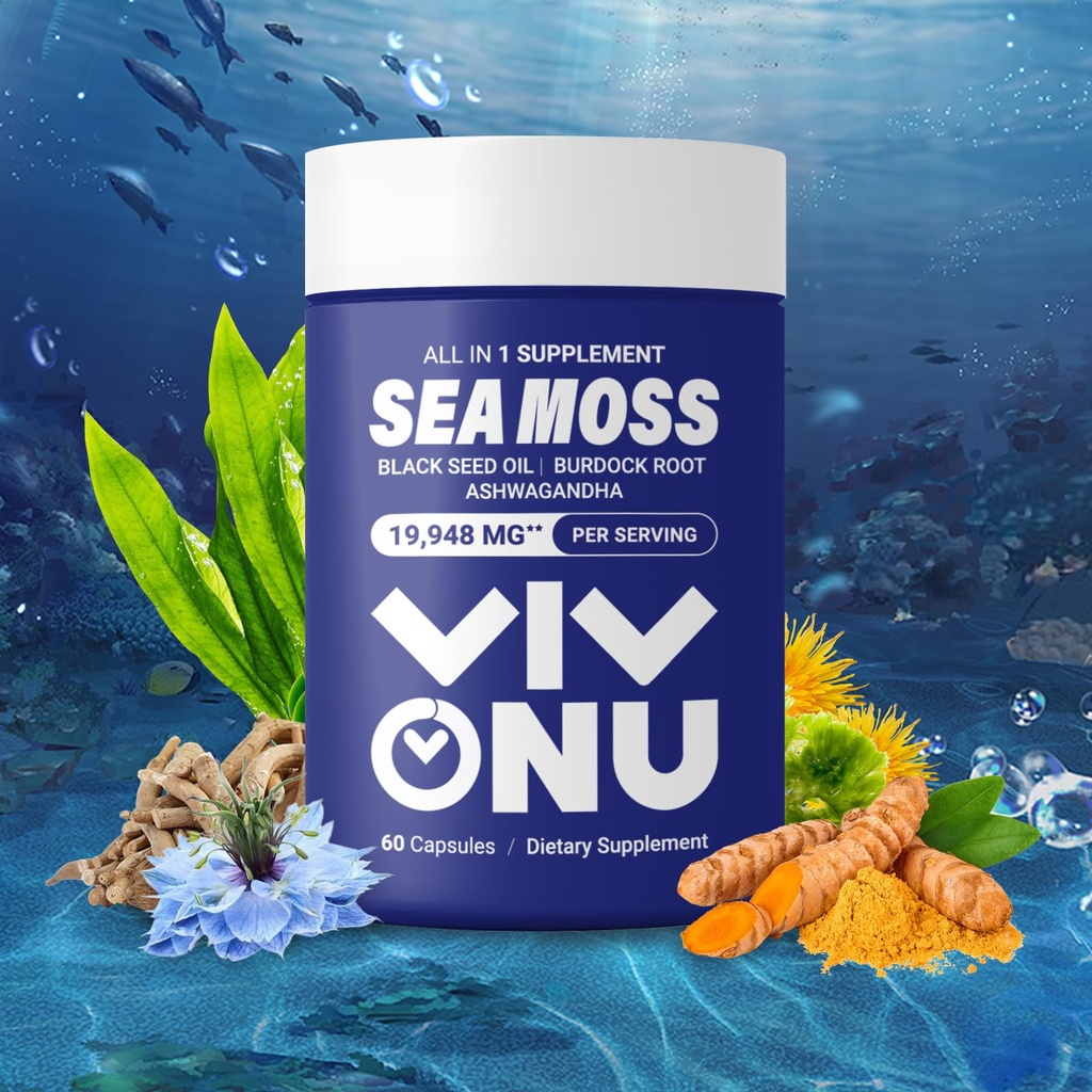 Sea Moss Black Seed Oil Ashwagandha Shilajit Ginger- Sea Moss Capsules with Burdock Turmeric Vitamin C & D3 Elderberry Ginger ACV Manuka Dandelion-Immune System, Skin, Energy Support