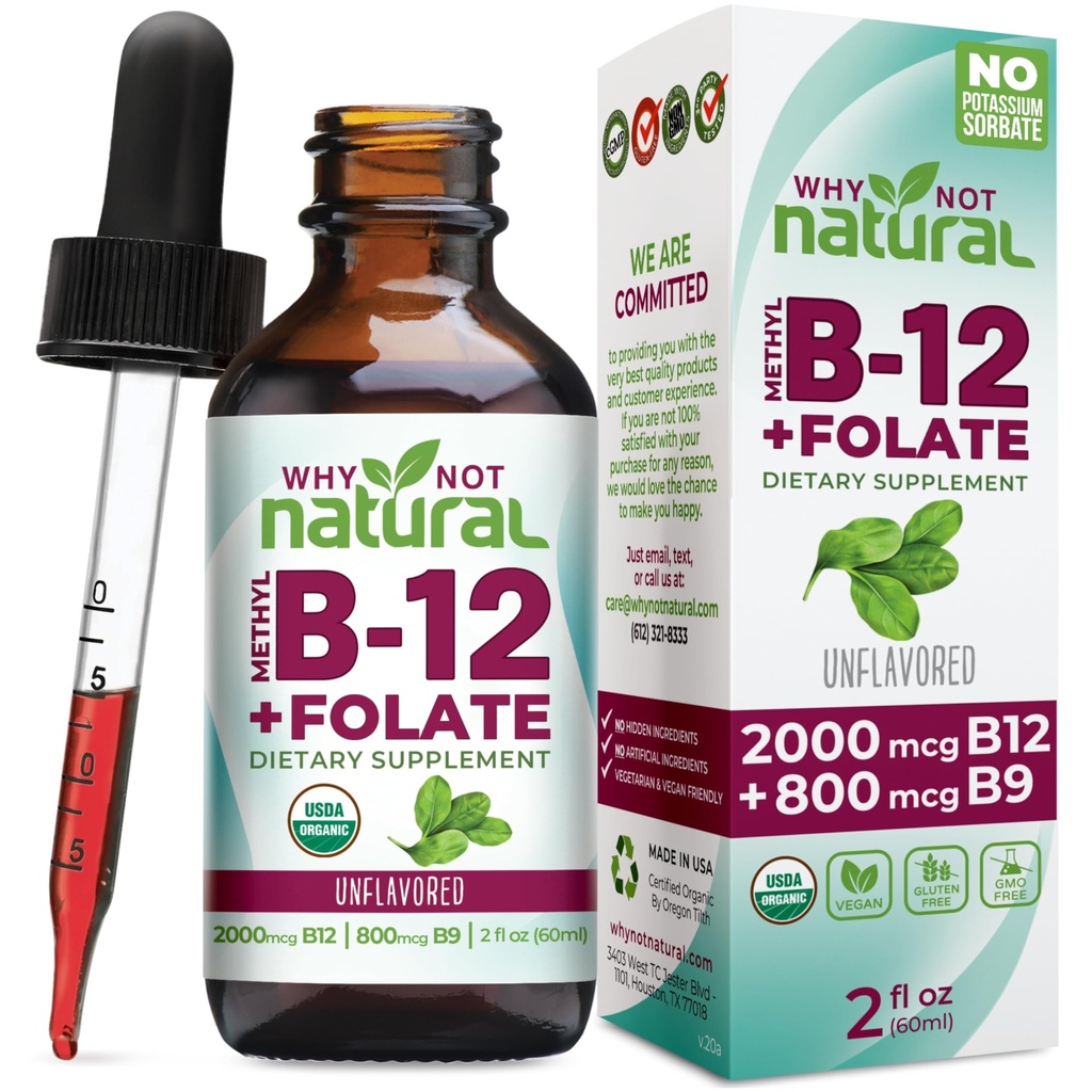 Mengapa tidak Vitamin B12 Liquid Natural Plus Flolate - Organic Sublingual Ekstra Kekuatan Vegan Drops - Methyl Suplemen dengan Folcics