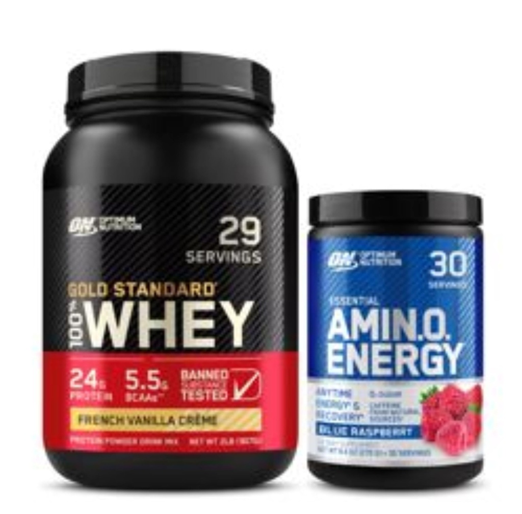 Optimum Nutition Dynamic Duo Bundle: Amino Energy, Blue Raspberry (30 Servings) dan Gold Standard 100% Powey Protein Powder, French Vanilla Creme (29 Pelayan)