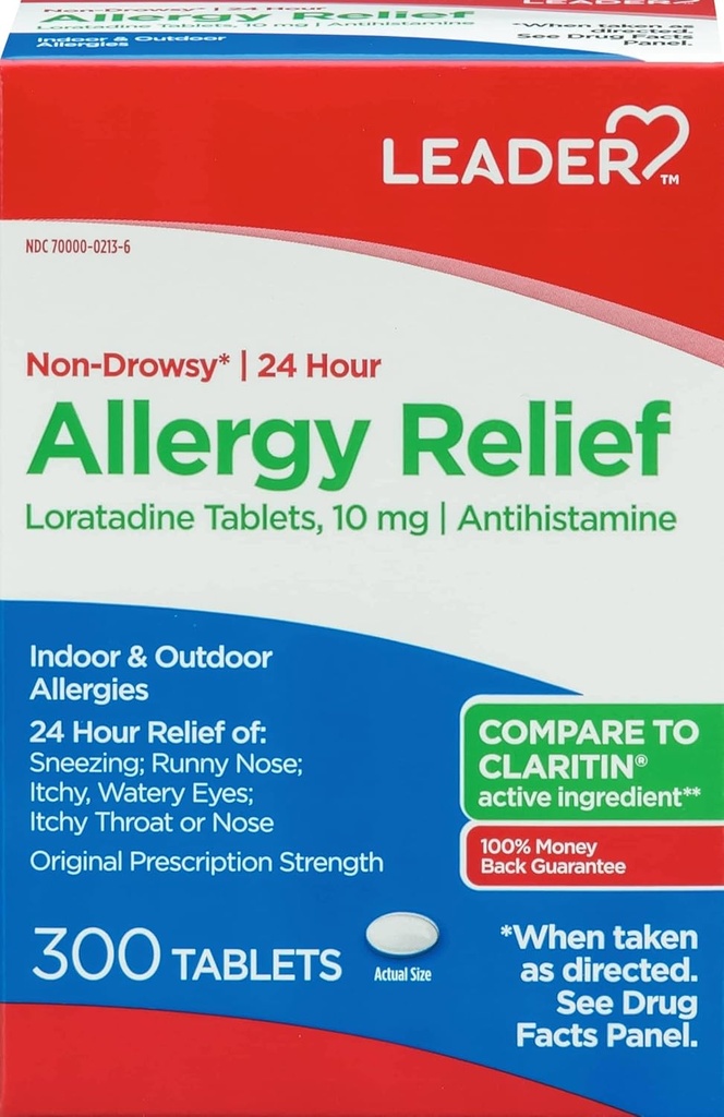 Pemimpin 24 Hour Relief, Non- Drowsy, Loratadine 10mg, Antihistamin, Prescription Power asli, Sinus Relief, Indoor dan Outdoor, Counteract Allergy, 300 Tablet