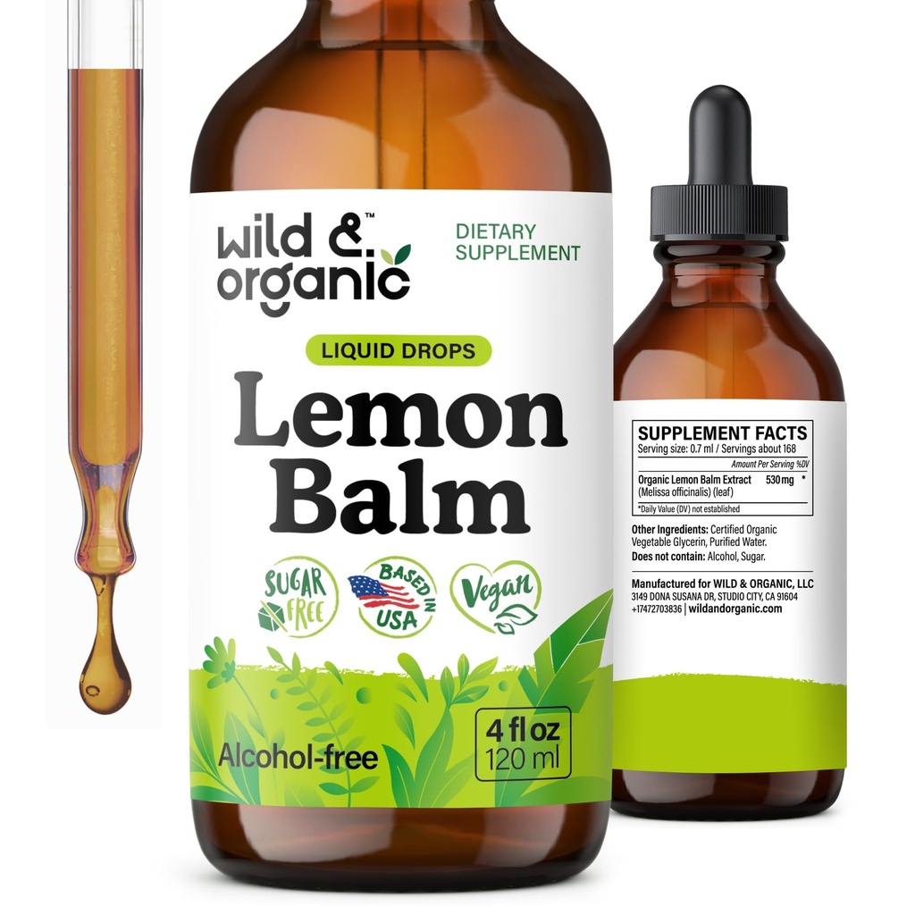 Wild & Organic Balm Tackle - Mood Dukungan Suplemen - Melissa Lemon Balm Extract Drops - Vegan, Sugar & Alcohol- Free Calming Supplemen - 4 flam oz