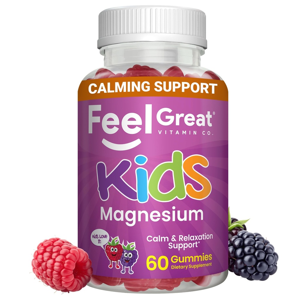 Feel Great Kids Calm Magnesium Gummies - Magnesium Tambahan untuk Anak - Magnesium Citrate Gummies - 60 Count