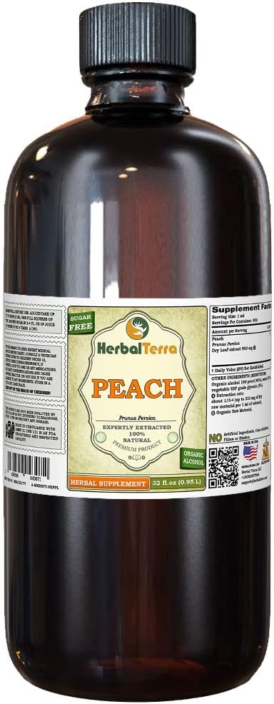 Peach (Prunus Persica) Pengikat, DryLeaves Liquid Extract (Nama Merek: HerbalTerra, Proudly Made in USA) 32 fl.oz (0.95 l)