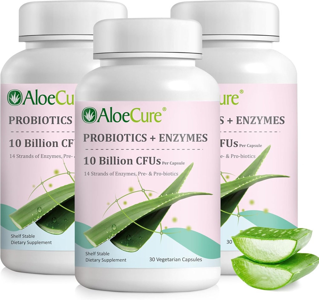AloseCure Daily Progities 10 Milyar CFU untuk Dukungan Digetical 8 Strains, 6 Pregories & Enzymes - Digetical Suplemen dengan Bromelain untuk Perempuan & Pria - Gut Dukungan, Relief Digepsi, 30 Caps x 3btls